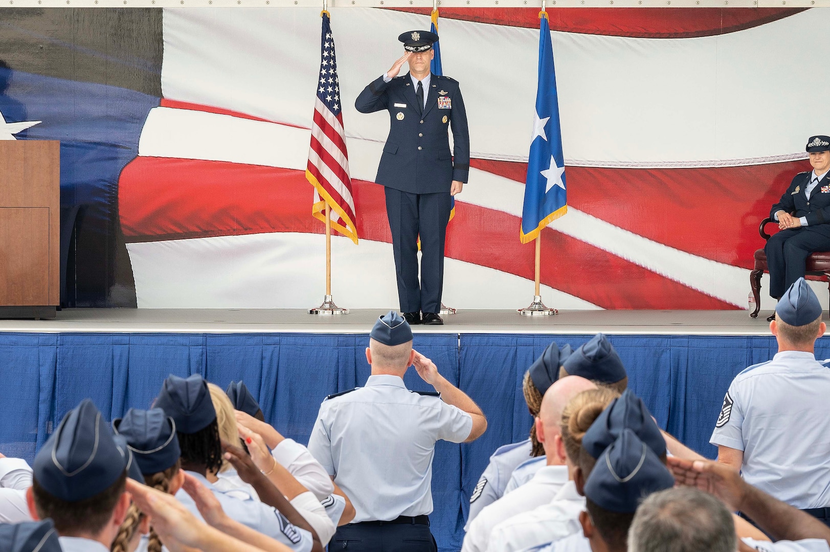 U.S. Air Force Brig. Gen. Jefferson J. O’Donnell, Air Force Personnel Center commander, renders his first salute to his command during the AFPC change of command ceremony June 20 at Joint Base San Antonio-Randolph, Texas. Prior to taking command at AFPC, O’Donnell served as the Director of Regional Affairs for the Deputy Under Secretary of the Air Force, International Affairs.