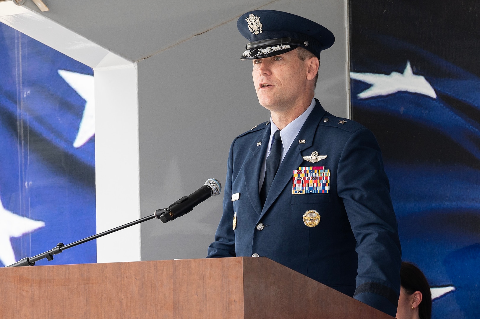 U.S. Air Force Brig. Gen. Jefferson J. O’Donnell, Air Force Personnel Center commander, speaks after receiving the AFPC flag during the change of command ceremony June 20 at Joint Base San Antonio-Randolph, Texas. Prior to taking command of AFPC, O’Donnell served as the Director of Regional Affairs for the Deputy Under Secretary of the Air Force, International Affairs.