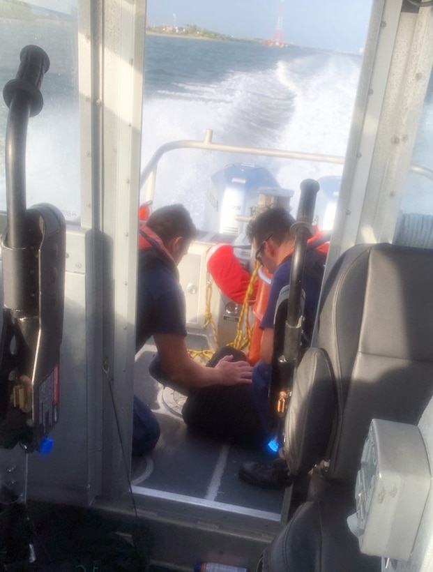 A Coast Guard Station St. Petersburg rescue crew saved a distressed kayaker in the vicinity of Gandy Beach, Florida, June 20, 2023. The person was transferred to St. Petersburg Fire Rescue. (U.S. Coast Guard photo by Station Petersburg)