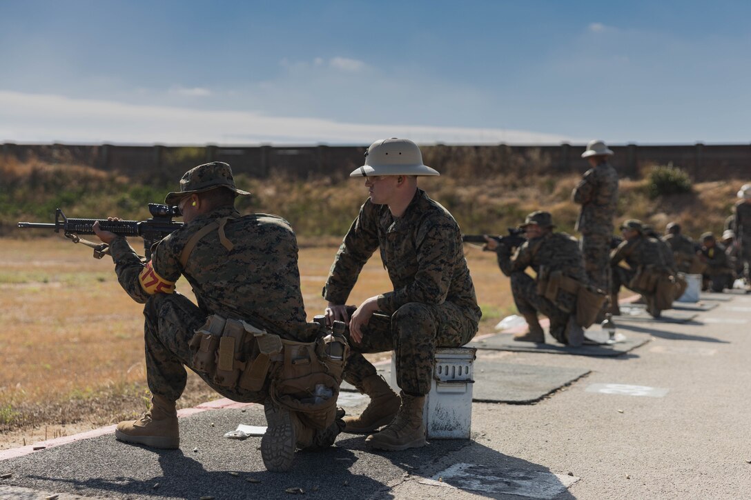 U.S. Marine Corps recruits with Hotel Company, 2nd Recruit Training Battalion, shoot the table one course of fire at Marine Corps Base Camp Pendleton, Calif., June 20, 2023. Table one covered the basic fundamentals of marksmanship and rifle safety in all shooting positions sitting, kneeling, and prone. (U.S. Marine Corps photo by Lance Cpl. Alvarez)