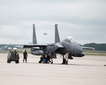 An North Carolina Air National Guard F-15 Eagle takes off from Pease Air National Guard Base, New Hampshire, June 14, 2023. The crews trained for two weeks on surface attacks and in-flight refueling.