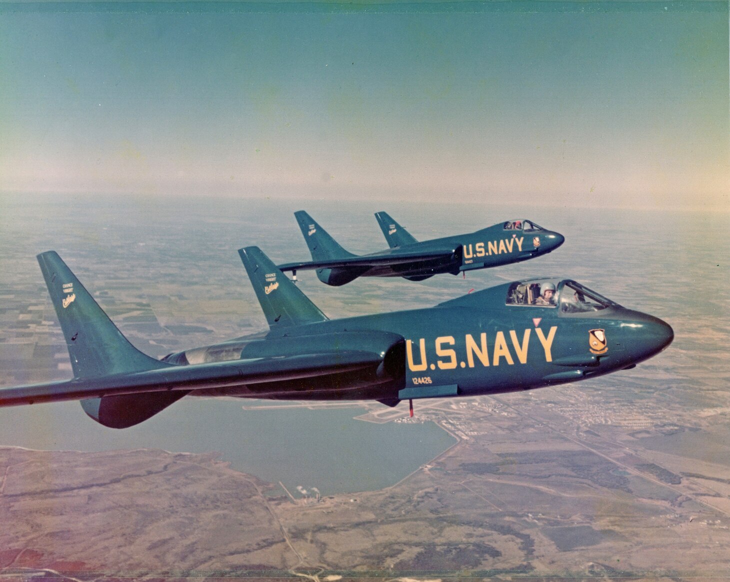 Only two men flew the F7U-1 Cutlass in Blue Angels colors, then-Lt. Cmdr. (later Rear Adm.) “Whitey” E.L. Feightner and Lt. Harding C. “Mac” Macknight. In this photo, Feightner flies the Cutlass in the foreground, with Macknight on his left wing in the background.