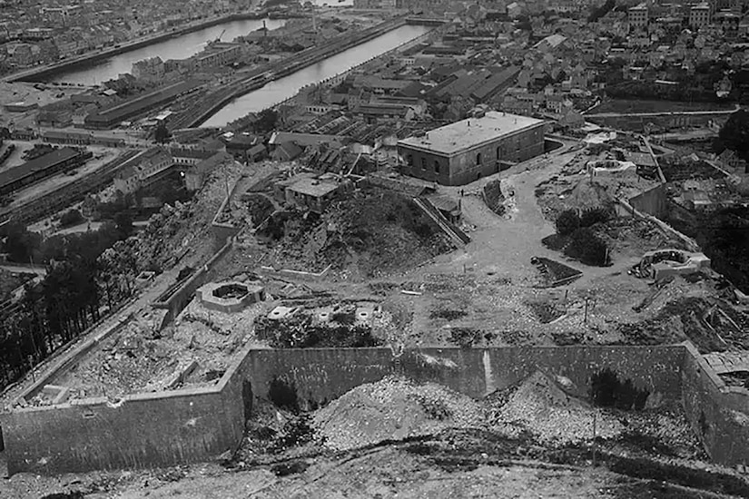 An aerial view of a partially destroyed fort.