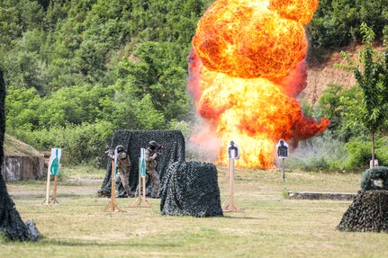 Army Gen. Daniel Hokanson, chief of the National Guard Bureau, and Brig. Gen. Arben Kingji, Albania’s chief of defence, observe an Albanian Special Forces Battalion live-fire exercise at the Albanian Armed Forces Land Force headquarters in Zerr-Hall, Albania, June 10, 2023. Hokanson visited the Balkan nation to reaffirm the New Jersey National Guard’s partnership with Albania through the Department of Defense National Guard State Partnership Program.