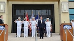 Mr. Jay Stefany, Acting  Assistant Secretary of the Navy for Research, Development, and Acquisition receives honors during the Change of Office ceremony for the AUKUS Integration and Acquisition (AUKUS I&A) Program Office at the Washington Navy Yard. During the ceremony, Capt. Lincoln Reifsteck (center) relieved Rear Adm. Dave Goggins (second from left) as the AUKUS I&A program manager. (Courtesy Photo)