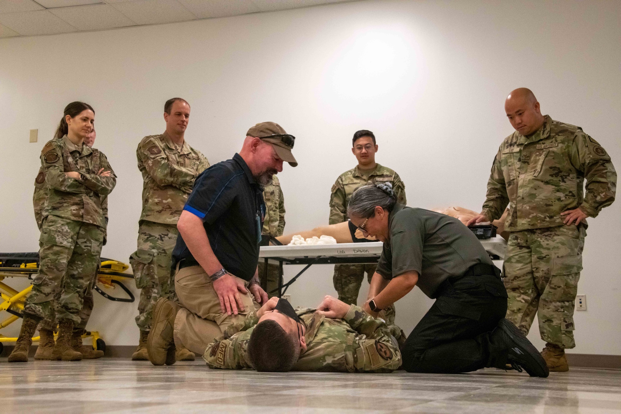 Ready Eagle cadre trains Field Response Team members on injuries they may encounter during an incident. The exercise enhanced communication and coordination between the response teams and installation first responders.