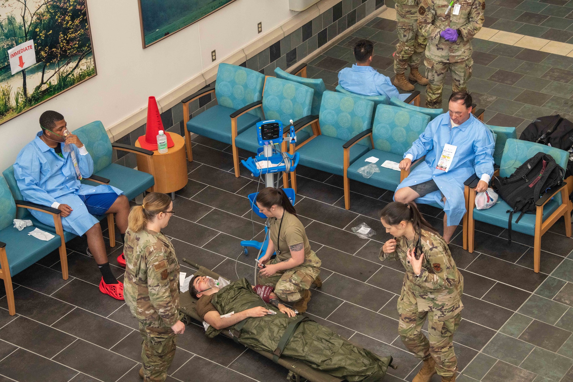 Clinical team members provide stabilization care for decontaminated patients who arrived at 42nd Medical Group. The exercise enhanced communication and coordination between the response teams and installation first responders.