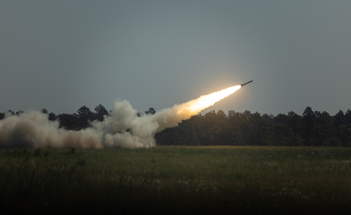 U.S. Marines with 2d Battalion, 10th Marine Regiment, 2d Marine Division fire a rocket from a M142 High Mobility Artillery Rocket Systems vehicle during a live fire in support of Rolling Thunder 23-2 on Fort Bragg, North Carolina, June 10, 2023. Rolling Thunder was a live-fire artillery event that tested the 10th Marine Regiment’s ability to operate in an isolated environment against a peer threat in a dynamic and multi-domain scenario. (U.S. Marine Corps photo by Cpl. Ethan Robert Jones)
