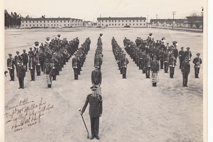 Historic picture of the Band of the Golden West rehearsing for the Rose Bowl Parade