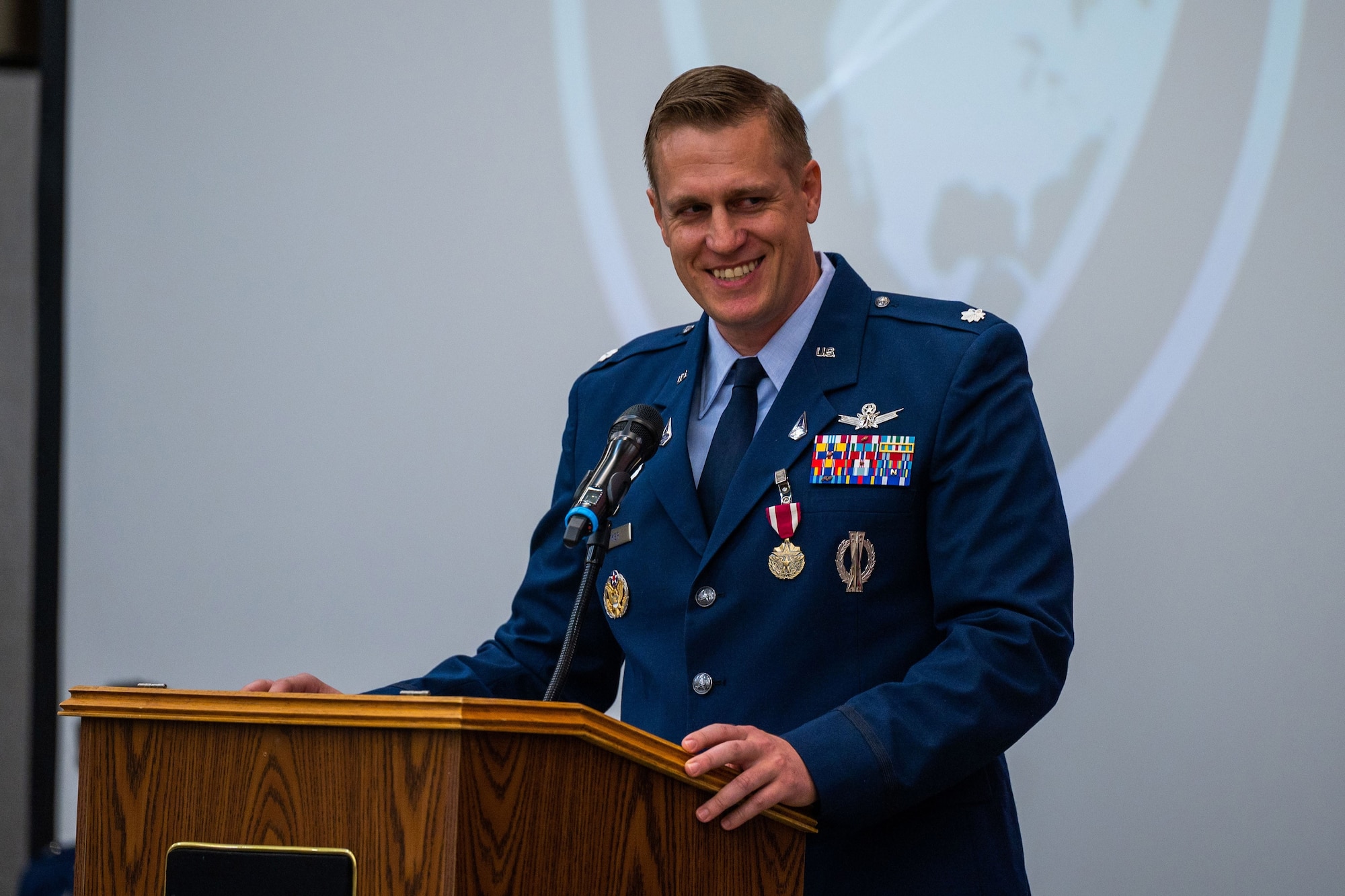 U.S. Space Force Lt. Col. Matthew J. Lintker, outgoing 18th Space Defense Squadron (18 SDS) commander, speaks during the 18 SDS change of command ceremony at Vandenberg Space Force Base, Calif., June 21, 2023. 18 SDS maintains the most complete satellite catalog of Earth-orbiting artificial objects, currently tracking more than 44,400 objects including about 8,200 active spacecraft, which is available to the public on the website www.Space-Track.org. (U.S. Space Force photo by Tech. Sgt. Luke Kitterman)