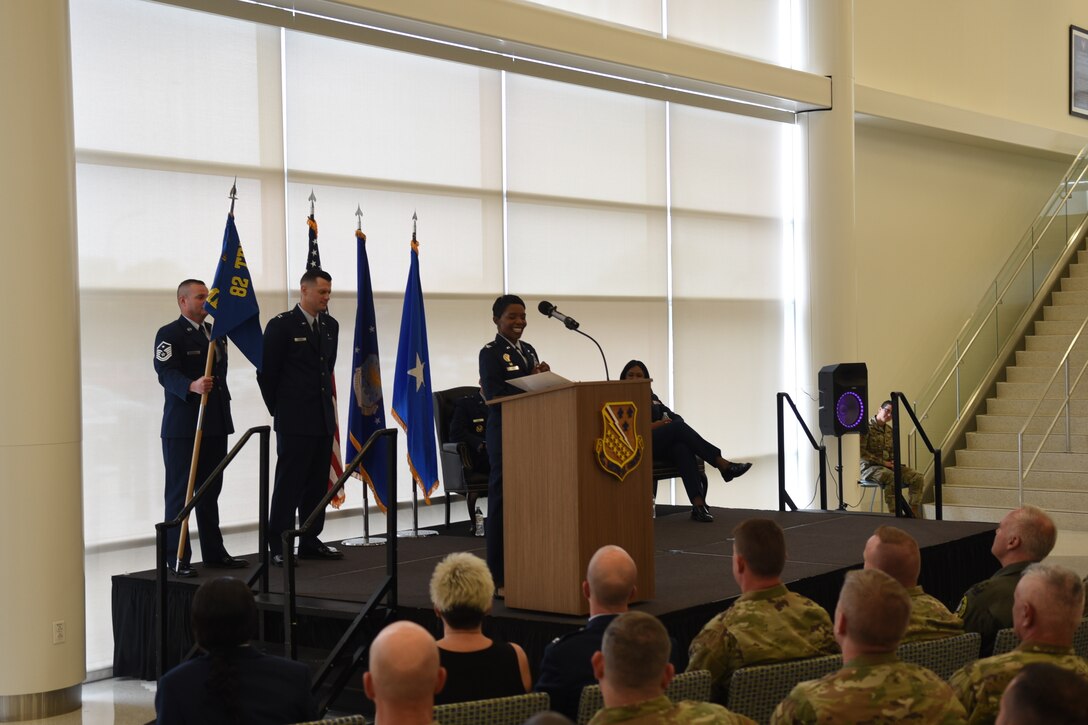 Colonel Sarah Evans speaks to Sheppard personnel and their families at her change of command ceremony. Colonel Evans replaced Colonel Felicia Burks on June 21st, 2023 at the Sheppard Clinic. (U.S. Air Force photo by Second Lieutenant Lauren Niemi)