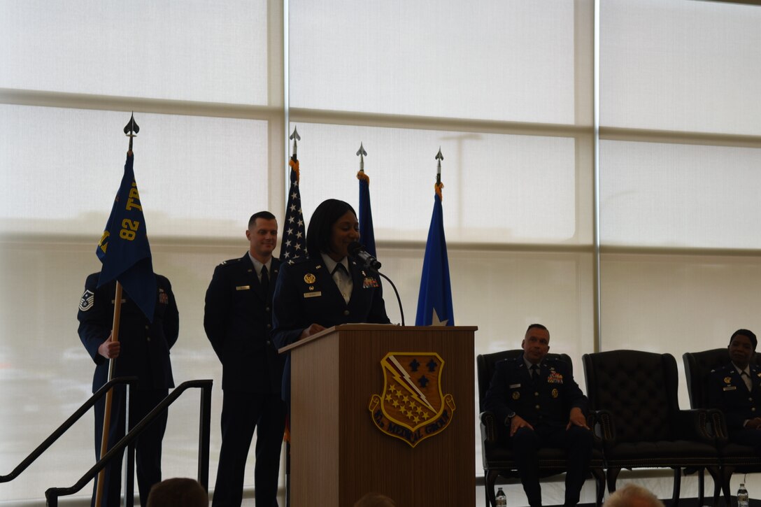 Colonel Felicia Burks speaks to Sheppard personnel and their families at her change of command ceremony. Colonel Sarah Evans replaced Colonel Burks on June 21st, 2023 at the Sheppard Clinic as the 82d Medical Group Commander. (U.S. Air Force photo by Second Lieutenant Lauren Niemi)