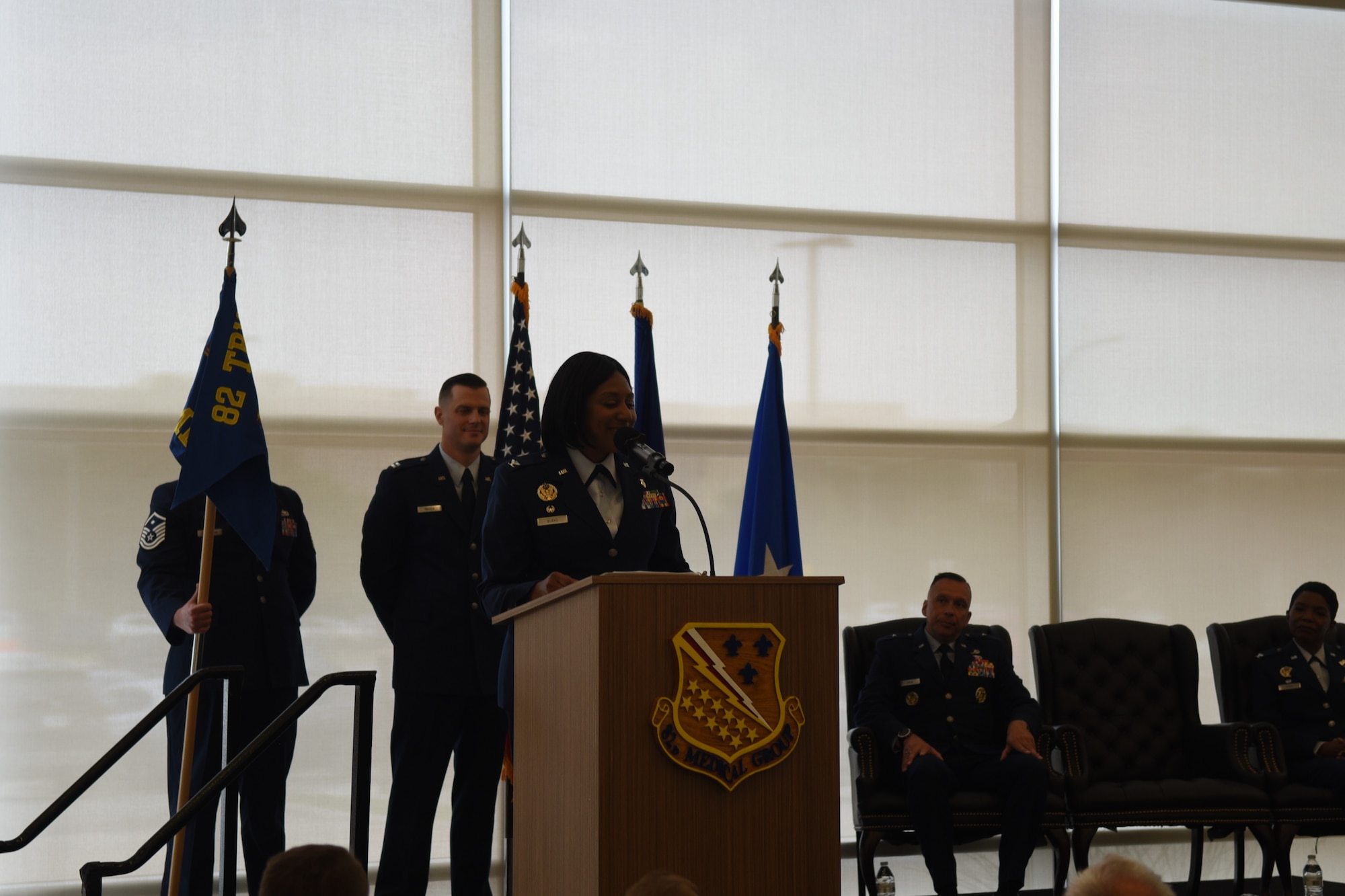 Colonel Felicia Burks speaks to Sheppard personnel and their families at her change of command ceremony. Colonel Sarah Evans replaced Colonel Burks on June 21st, 2023 at the Sheppard Clinic as the 82d Medical Group Commander. (U.S. Air Force photo by Second Lieutenant Lauren Niemi)