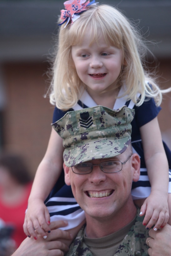 Petty Officer 1st Class Nathan Jones, a maritime law enforcement specialist with Port Security (PSU) 305, carries his daughter on his shoulders in Williamsburg, Va. after returning home from a nine-month deployment to Naval Station Guantanamo Bay, Cuba, June 15, 2023.

PSU 305, based in Fort Eustis, Va., was the first unit in 2002 to begin the Coast Guard’s mission with Joint Task Force- Guantanamo and is the last to complete it. (U.S. Coast Guard photo by Petty Officer 1st Class Valerie Higdon)