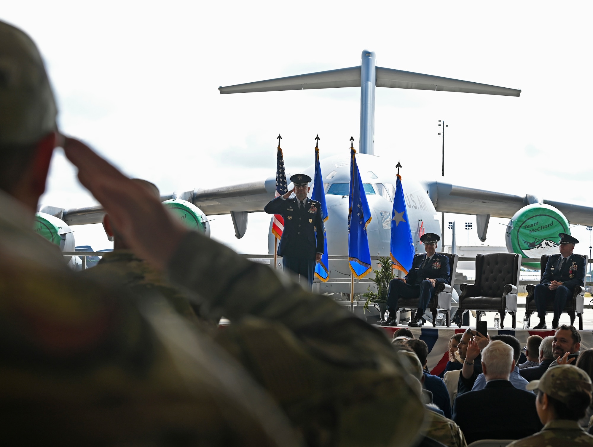 U.S. Air Force Col. Sergio Anaya, commander of the 62d Airlift Wing, renders his first salute as commander to the Airmen of the 62d AW, during a change of command ceremony at Joint Base Lewis-McChord, Washington, June 21, 2023. The 62d AW’s mission is to execute global airlift, prepare for Joint and Coalition Multi-Domain Operations in near-peer contested environments, and continually ensure Force Development. (U.S. Air Force photo by Senior Airman Callie Norton)
