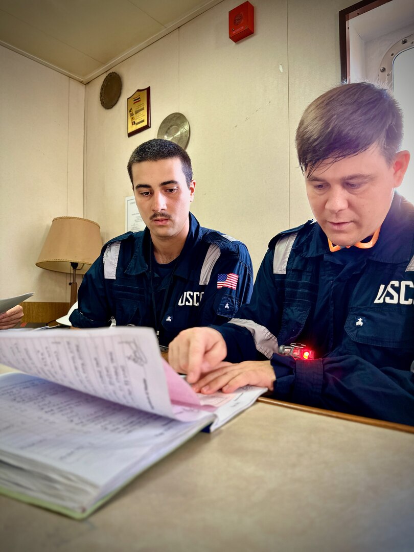 A U.S. Coast Guard Forces Micronesia Sector Guam team conducts a port state control examination on the 472-foot Singapore-flagged commercial cargo vessel Kota Raja in the Port of Guam on June 15, 2023.