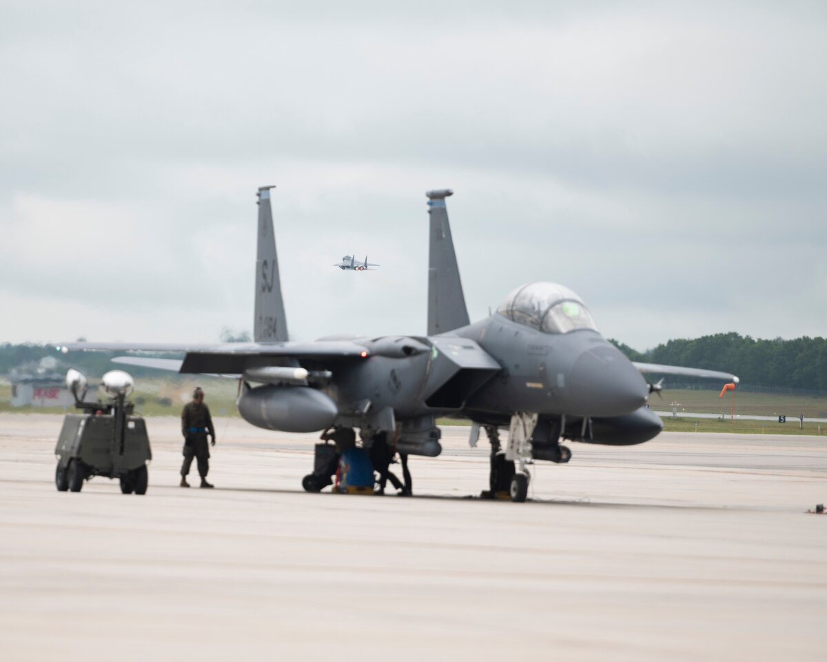 An North Carolina Air National Guard F-15 Eagle takes off from Pease Air National Guard Base, New Hampshire, June 14, 2023. The crews trained for two weeks on surface attacks and in-flight refueling.