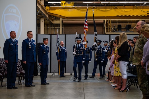  The Vandenberg Base Honor Guard Team presents the colors during the 18th Space Defense Squadron’s (18 SDS) Change of Command ceremony at Vandenberg Space Force Base, Calif., June 21, 2023. U.S. Space Force Col. Marc A. Brock, Space Delta 2 commander, acted as the presiding officer who relinquished command from outgoing commander Lt. Col. Matthew J. Lintkerover to incoming commander Lt. Col. Jordan O.E. Mugg. (U.S. Space Force photo by Tech. Sgt. Luke Kitterman)