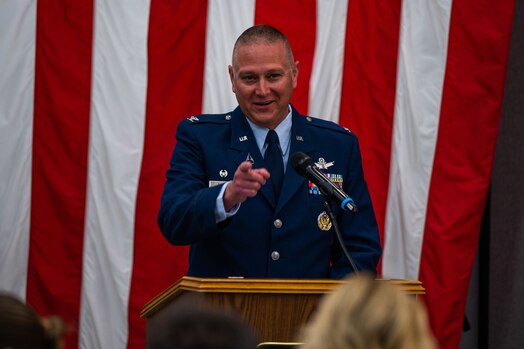  U.S. Space Force Col. Marc A. Brock, Space Delta 2 commander, speaks at the podium while acting as the presiding officer for the 18th Space Defense Squadron’s (18 SDS) change of command ceremony at Vandenberg Space Force Base, Calif., June 21, 2023. Lt. Col. Matthew J. Lintker relinquished command of the 18 SDS to Lt. Col. Jordan O.E. Mugg. (U.S. Space Force photo by Tech. Sgt. Luke Kitterman)