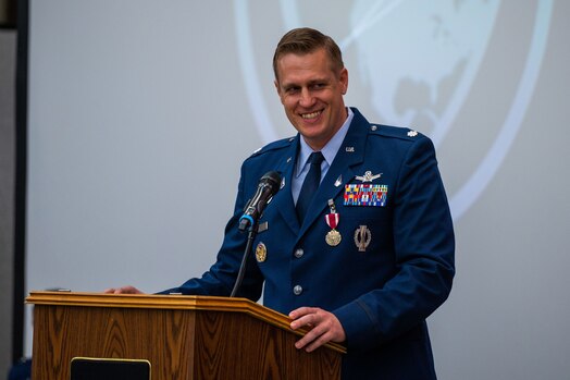  U.S. Space Force Lt. Col. Matthew J. Lintker, outgoing 18th Space Defense Squadron (18 SDS) commander, speaks during the 18 SDS change of command ceremony at Vandenberg Space Force Base, Calif., June 21, 2023. 18 SDS maintains the most complete satellite catalog of Earth-orbiting artificial objects, currently tracking more than 44,400 objects including about 8,200 active spacecraft, which is available to the public on the website www.Space-Track.org. (U.S. Space Force photo by Tech. Sgt. Luke Kitterman)