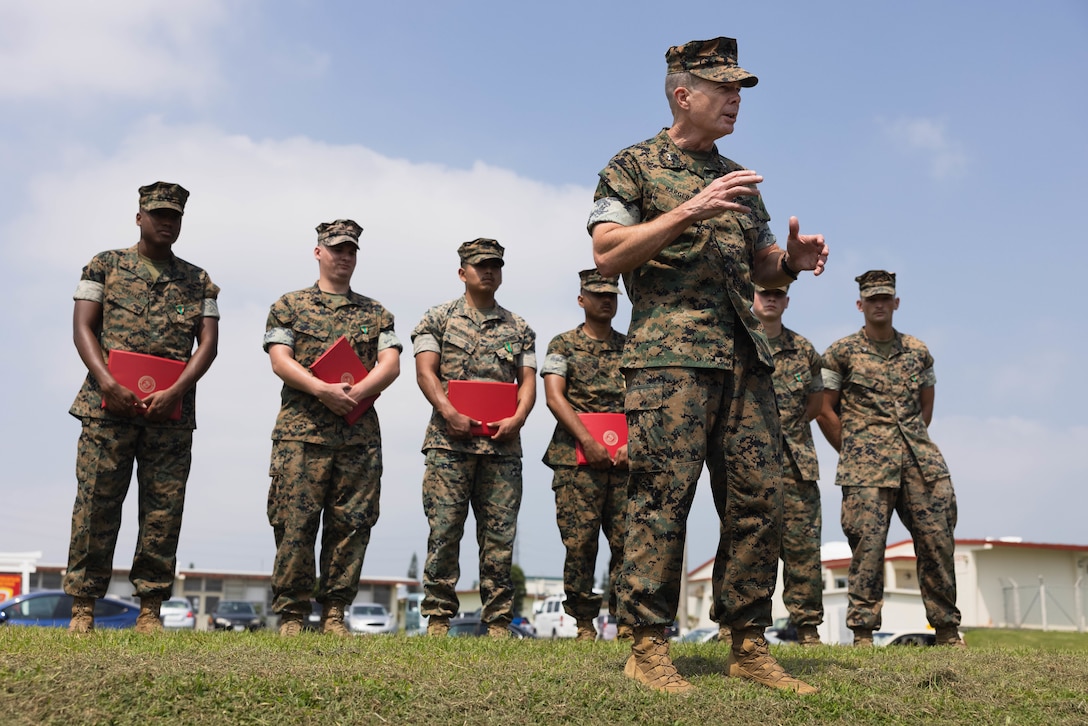 U.S. Marine Corps Maj. Gen. Jay Bargeron provides remarks commending the Marines’ accomplishments following an award ceremony at Camp Courtney, Okinawa, Japan, June 5, 2023. At the ceremony, Marines received Navy and Marine Corps Achievement Medals for their superior performance supporting 3d Marine Division during Exercise Balikatan 23. Bargeron is the commanding general of 3d Marine Division and the awarded Marines are with Headquarters Battalion, 3d Marine Division and 3d Battalion, 12th Marines. (U.S. Marine Corps photo by Cpl. Scott Aubuchon)