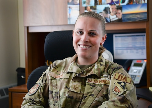 Master Sgt. Sarah Jones, installation development advisor, sits in her office at the Education Center at Hanscom Air Force Base, Mass., June 8. As the development advisor, formerly called the career assistance advisor, Jones is available to assist enlisted members with all matters of professional development, planning and career opportunities. (U.S. Air Force photo by Lauren Russell)