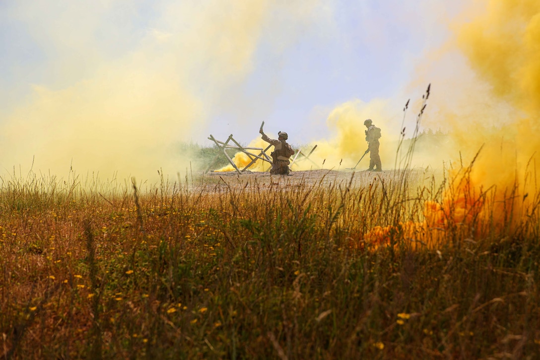 Marines  are seen through yellow smoke.