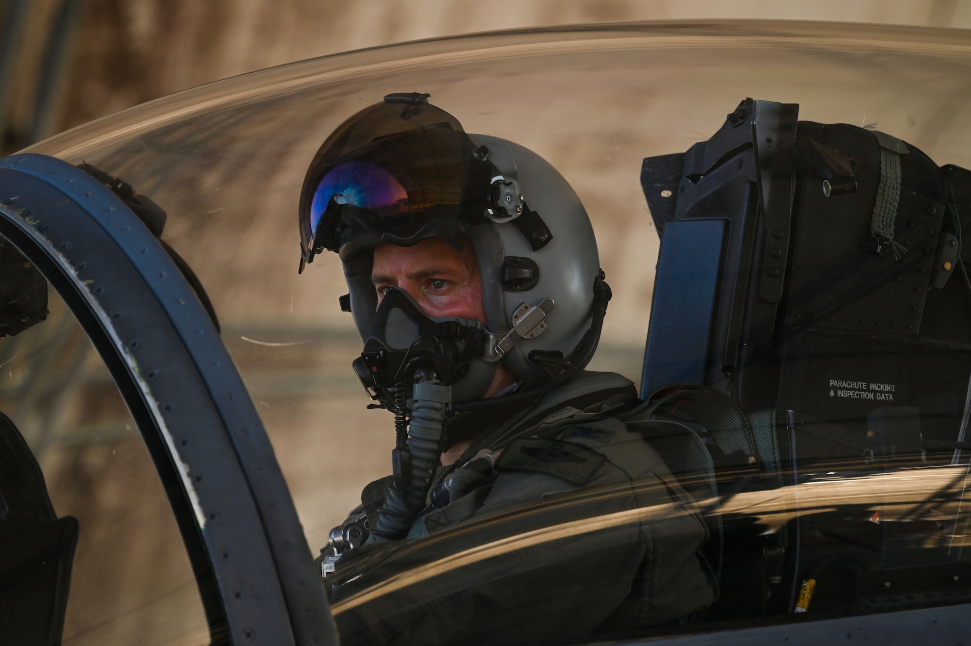 U.S. Air Force Col. John Paul F. Mintz, 850th Spectrum Warfare Group commander, prepares for his final flight, at Eglin Air Force Base, Fla., June 20, 2023. Mintz served as the first 850th SWG commander between 2021 and 2023. (U.S. Air Force photo by Staff Sgt. Ericka A. Woolever)