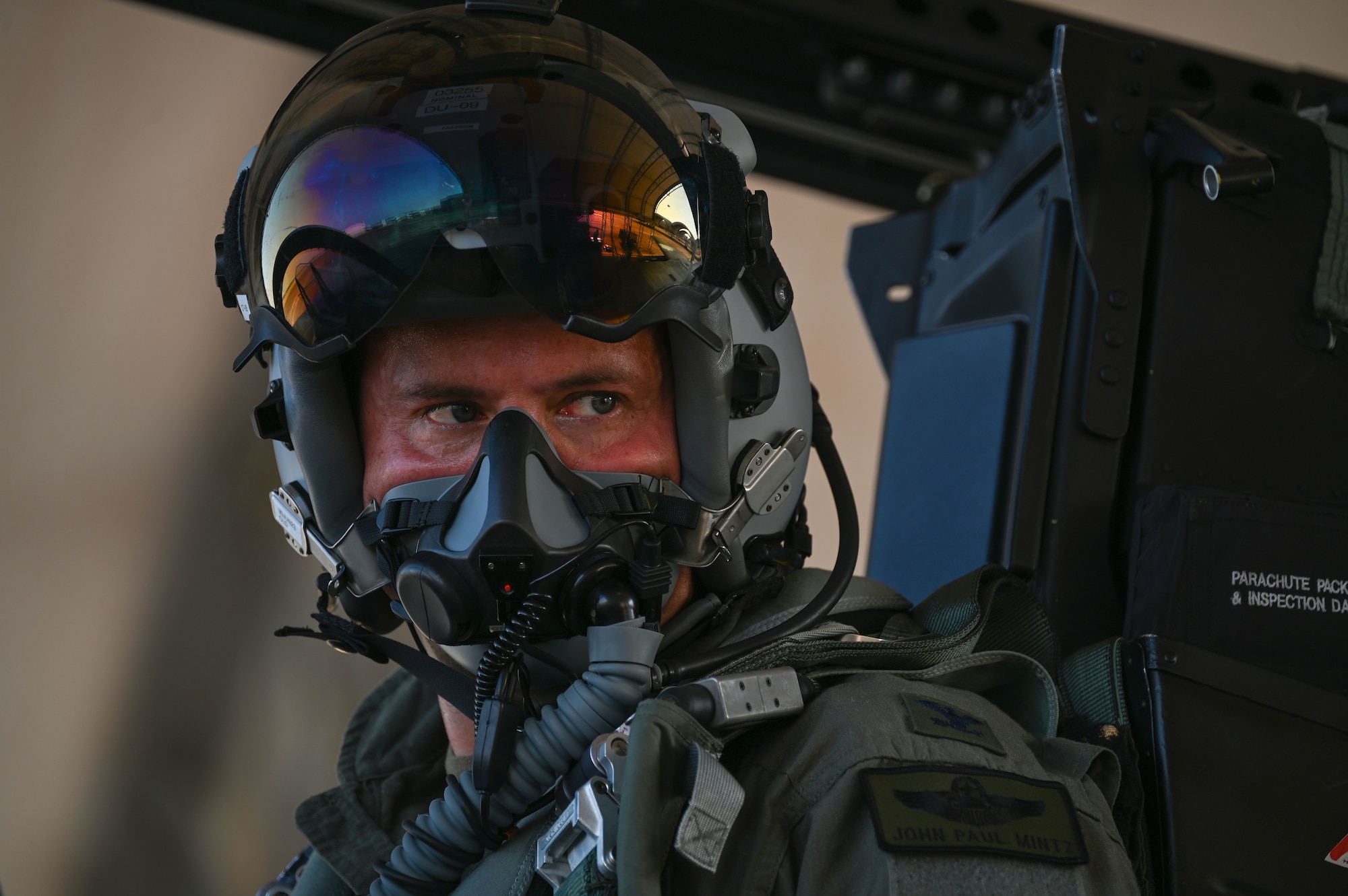 U.S. Air Force Col. John Paul F. Mintz, 850th Spectrum Warfare Group commander, prepares to take his final flight on an F-15C Eagle, at Eglin Air Force Base, Fla., June 20, 2023. Mintz is a command pilot with more than 1,700 flying hours in the F-15A-EX, F-16, T-38, and T-37. (U.S. Air Force photo by Staff Sgt. Ericka A. Woolever)