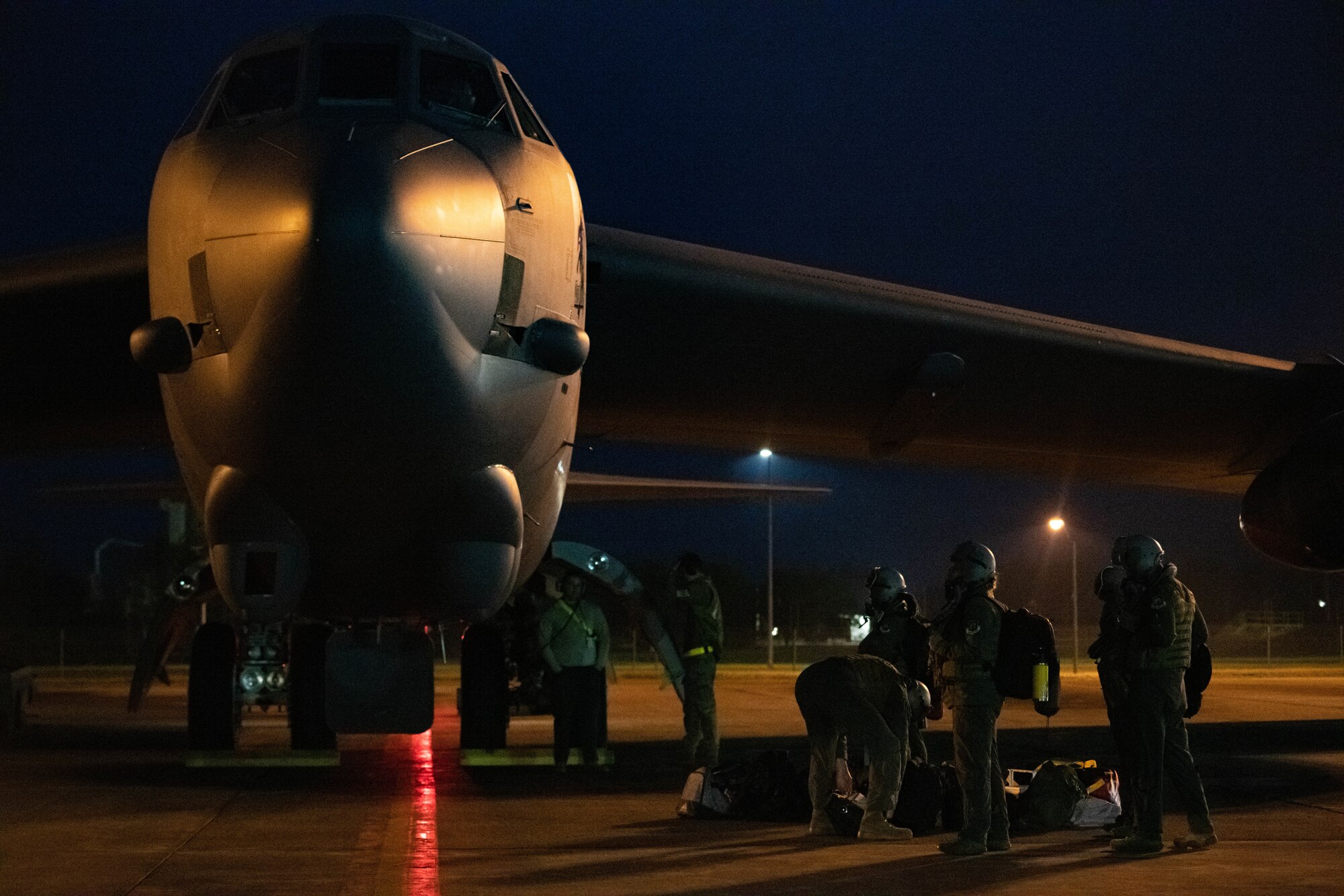 U.S. Air Force B-52H Stratofortresses assigned to the 23rd Bomb Squadron take off from the runway in support of a Bomber Task Force (BTF) mission at Minot Air Force Base, North Dakota, June 13, 2023. BTF missions provide integrated training opportunities with allies and validate readiness to respond to challenges around the globe. (U.S. Air Force photo by Airman 1st Class Kyle Wilson)