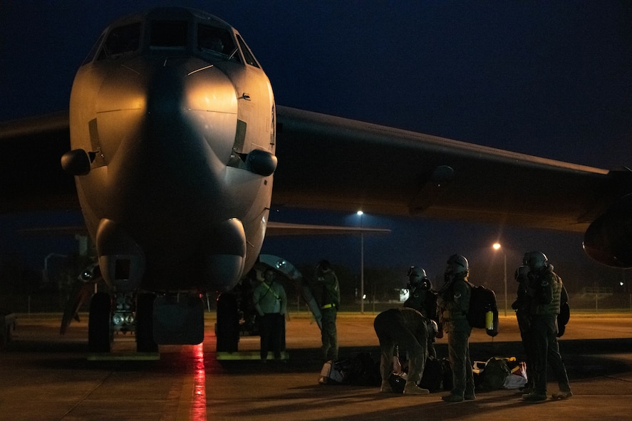 U.S. Air Force B-52H Stratofortresses assigned to the 23rd Bomb Squadron take off from the runway in support of a Bomber Task Force (BTF) mission at Minot Air Force Base, North Dakota, June 13, 2023. BTF missions provide integrated training opportunities with allies and validate readiness to respond to challenges around the globe. (U.S. Air Force photo by Airman 1st Class Kyle Wilson)