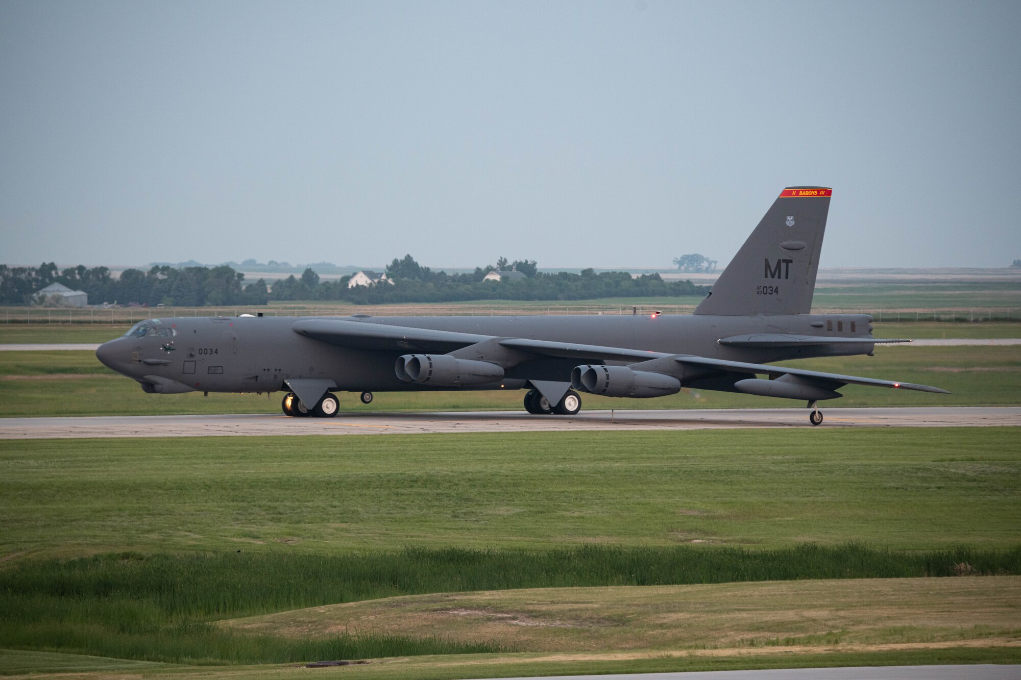U.S. Air Force B-52H Stratofortresses assigned to the 23rd Bomb Squadron take off from the runway in support of a Bomber Task Force (BTF) mission at Minot Air Force Base, North Dakota, June 13, 2023. BTF missions provide integrated training opportunities with allies and validate readiness to respond to challenges around the globe. (U.S. Air Force photo by Airman 1st Class Kyle Wilson)