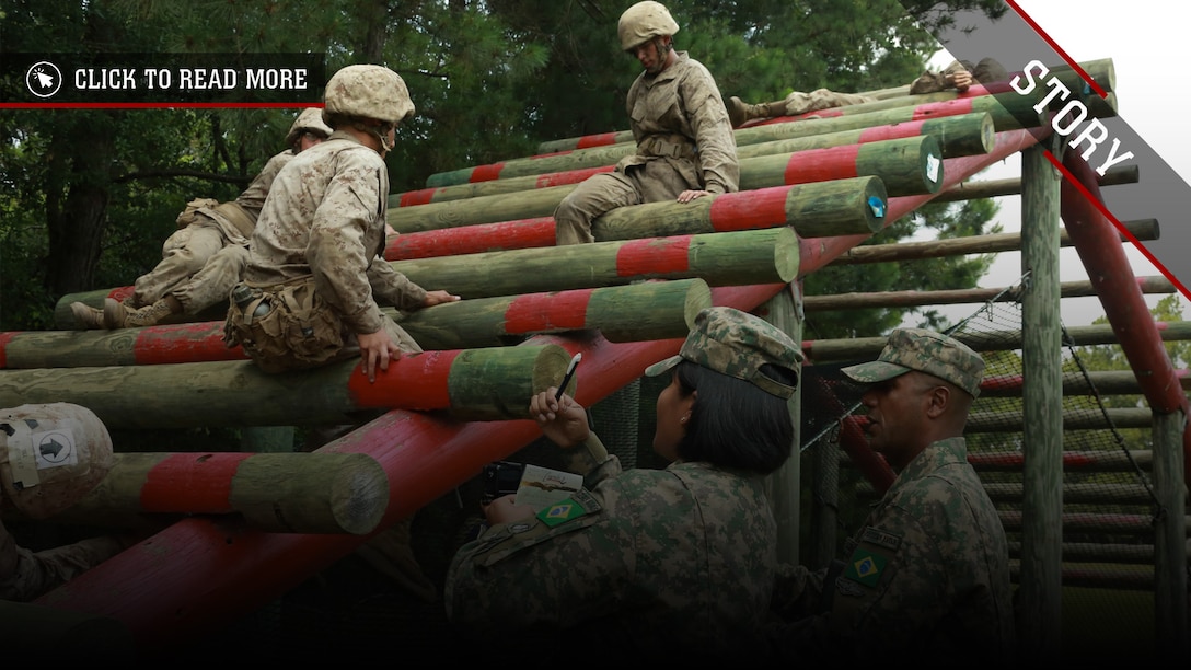 Marines with the Brazilian Marine Corps conduct a tour of Marine Corps Recruit Depot Parris Island S.C., June 8, 2023. The focus of the Brazilian Marines touring Parris Island is to educate the group on the processes of training to bring back to their own branch of service. (U.S. Marine Corps photo by Lance Cpl. Sarah Grawcock)