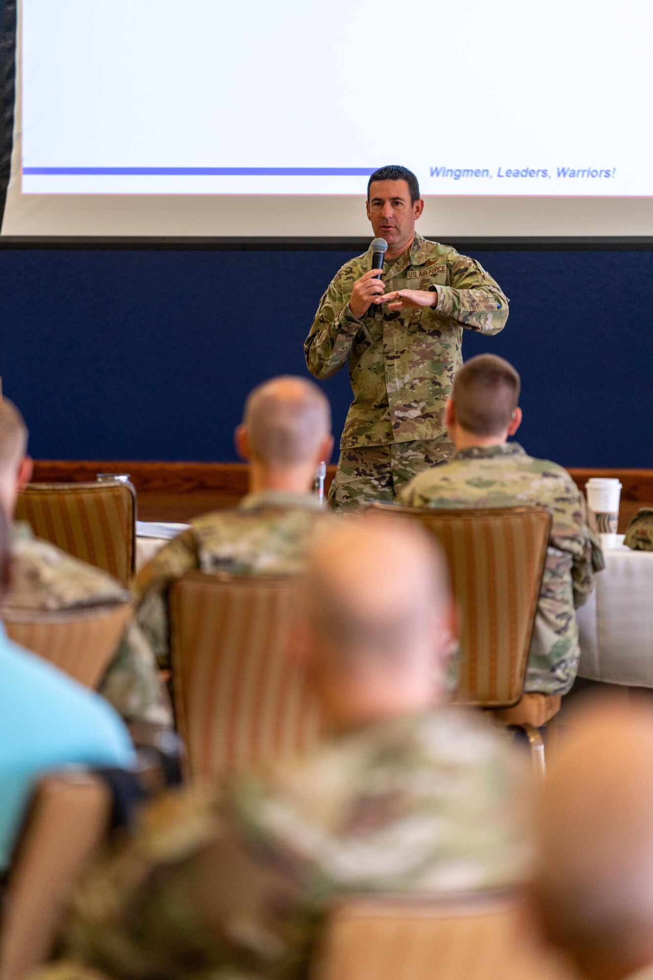 U.S. Air Force Col. Jason Allen, 81st Training Wing vice commander, speaks at the Cyber Training Summit at Keesler Air Force Base, Mississippi, June 5, 2023.