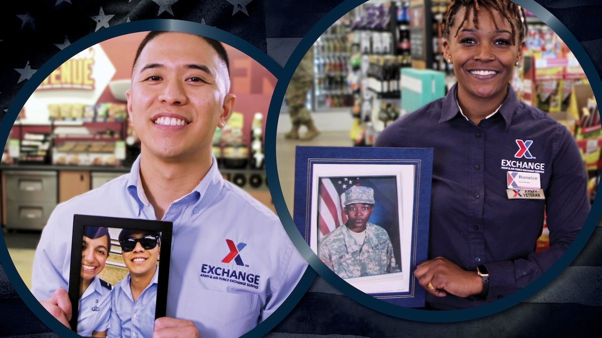 Image of family member of a service member and a former service member holding pictures wearing Exchange Services shirts.