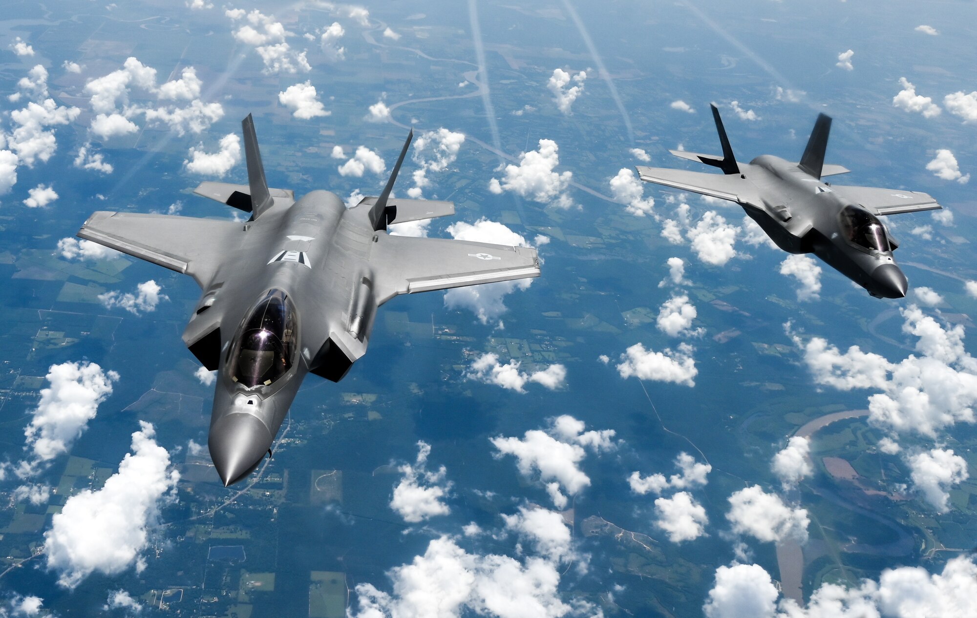 The F-35 Lightning II Demonstration Team assigned to 388th Fighter Wing at Hill Air Force Base, Utah, heads back to home station after receiving aerial refueling from a KC-135 Stratotanker assigned to the 465th Air Refueling Squadron at Tinker Air Force Base, Oklahoma, May 31, 2023.  Aerial refueling allows aircraft across the DoD inventory to travel greater distances without having to land to refuel.