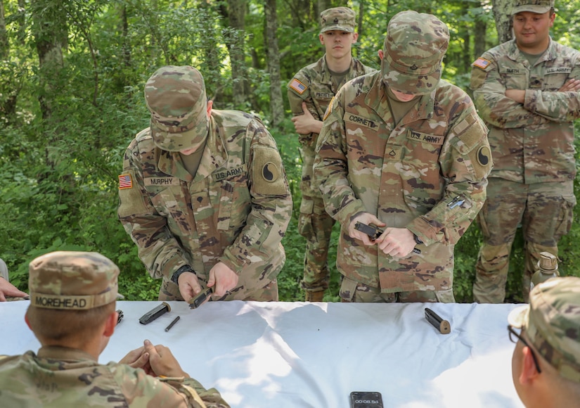 During their two weeks of training, the infantry Soldiers went through a round-robin of refresher classes on combat life saving techniques, reacting to contact on the battlefield, observation and mapping, radio basics, concealment basics and weapon familiarization.