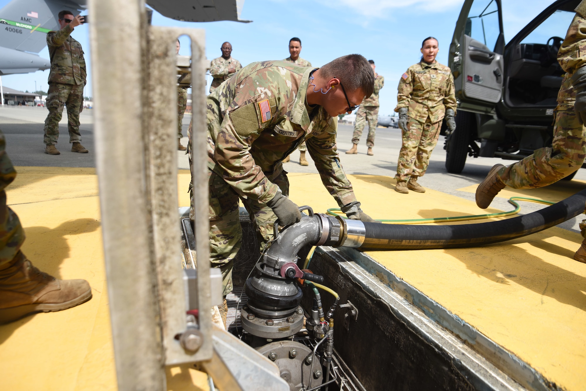 During  this training, Soldiers with various battalions assigned to the 16th Combat Aviation Brigade were trained by Airmen with the 627th Logistics Readiness Squadron on various methods of refueling aircraft, along with how to utilize Air Force equipment that they may encounter in and outside of the joint environment. This training provides real-world knowledge and experiences to continue operations in the joint environment. (U.S. Air Force photo by Airman 1st Class Kylee Tyus)