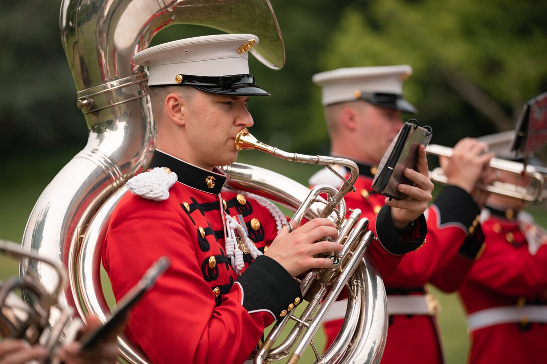 Marine Band Tuba Player Staff Sgt. Benjamin St. Pierre performs on the South Lawn of the White House on June 20, 2023 during a rehearsal for the State Arrival of Indian Prime Minister Modi.