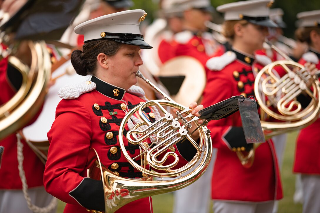 Marine Band Horn Player Gunnery Sgt. Brigette Knox performs on the South Lawn of the White House on June 20, 2023 during a rehearsal for the State Arrival of Indian Prime Minister Modi.