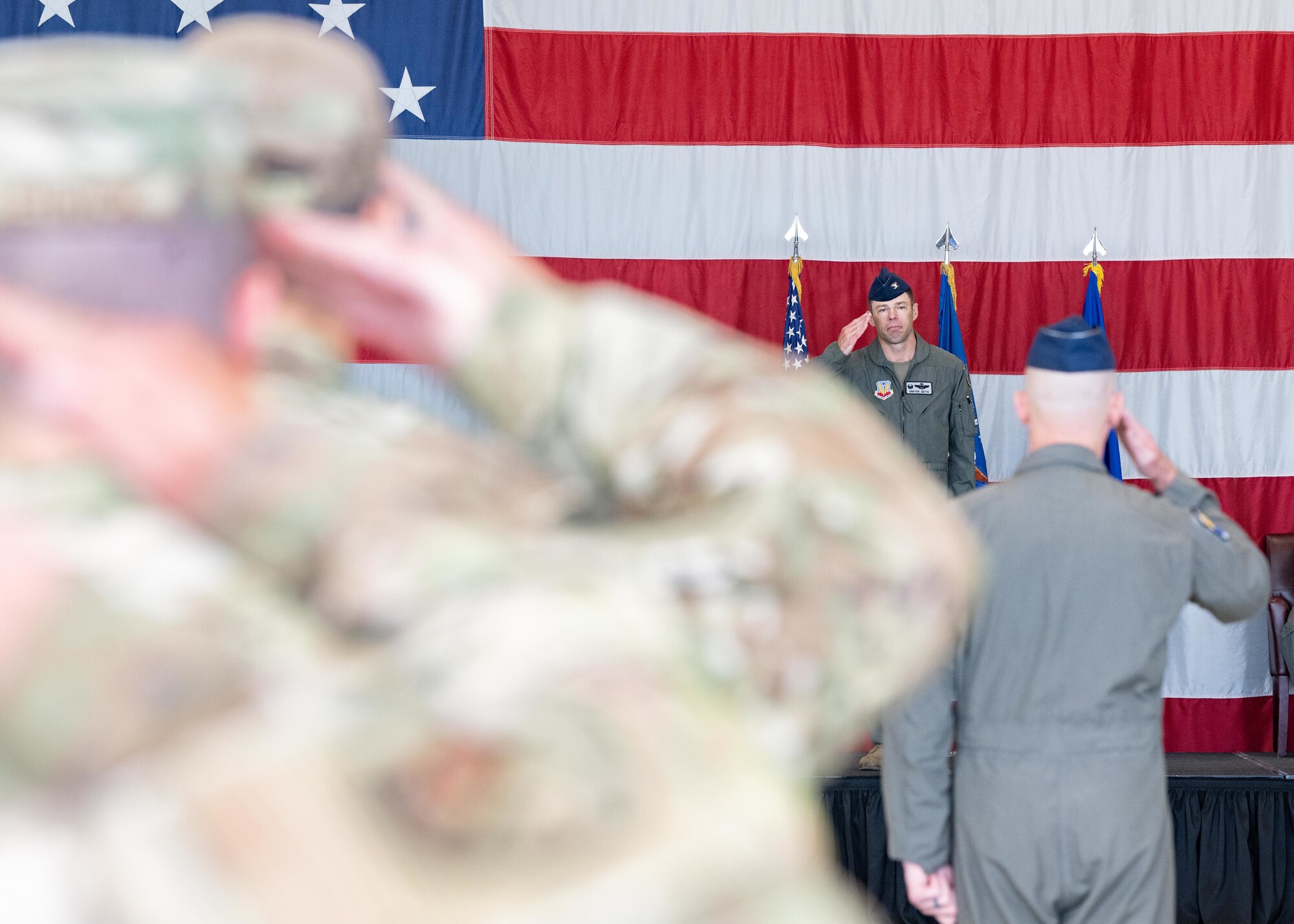 Colonel Michael "Drifter" Gette, 388th Fighter Wing Commander, renders his first salute to the wing during his change of command ceremony at Hill Air Force Base, Utah today.
