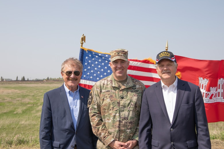 Mayor of Jamestown, Dwaine Heinrich, Col. Mark Himes, Commander, USACE Omaha District, and U.S. Senator, John Hoevan, South Dakota at the Pipestem dam spillway modification project groundbreaking event in Jamestown, North Dakota on May 25, 2023.