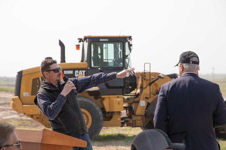 Representative from Bernard Construction provides a construction plan update to the guests at the groundbreaking event for the Pipestem dam spillway modification project in Jamestown, North Dakota on May 25, 2023.