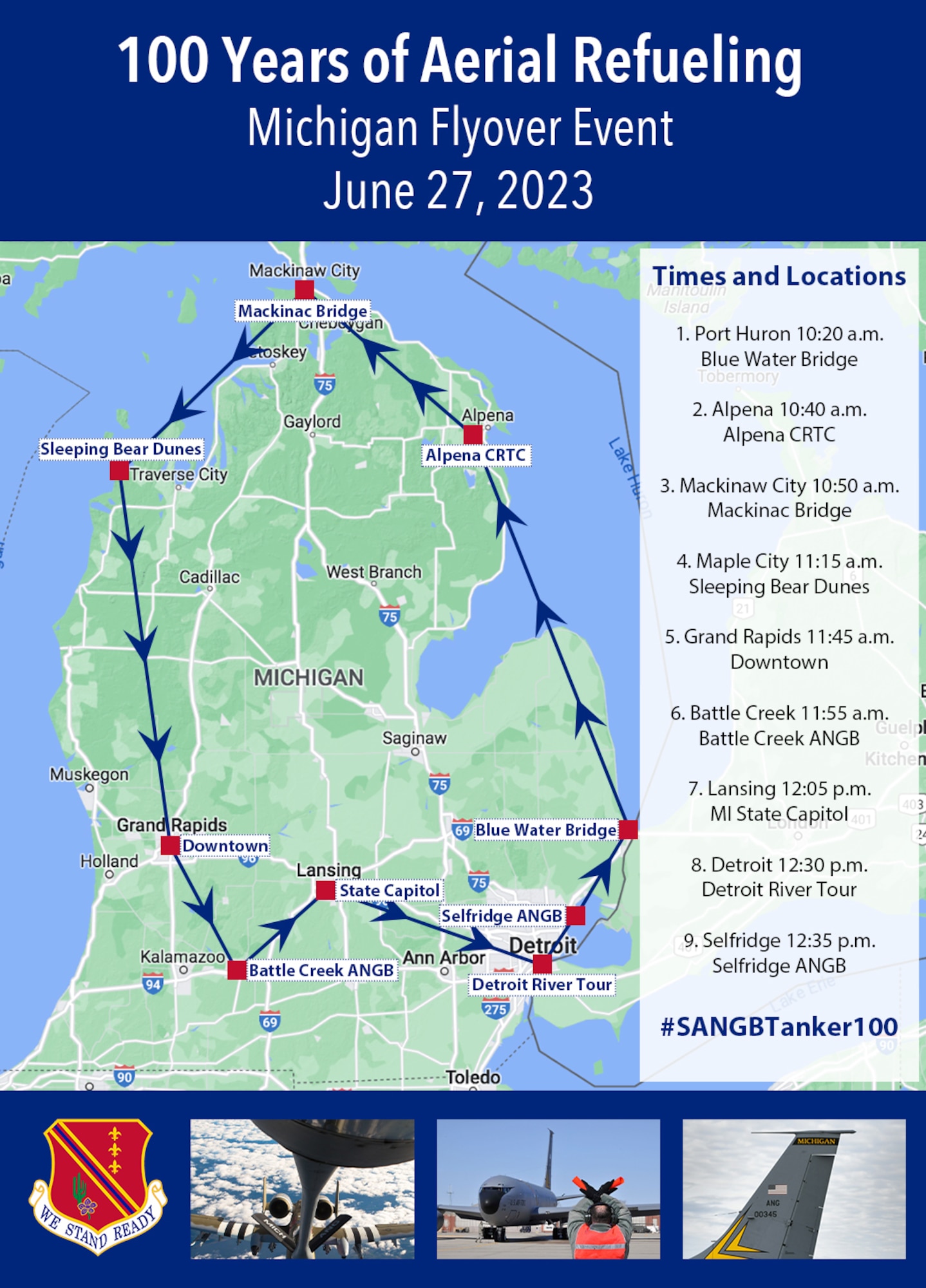 100 Years of Aerial Refueling Event flight path through Michigan for 27 June.