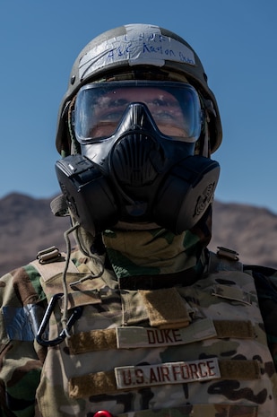 U.S. Air Force Airman 1st Class Kaelon Duke, a 99th Civil Engineer Squadron Emergency Manager, trains to respond to chemical, biological, radiological and nuclear (CBRN) emergencies at Nellis Air Force Base, Nevada, June 14, 2023.