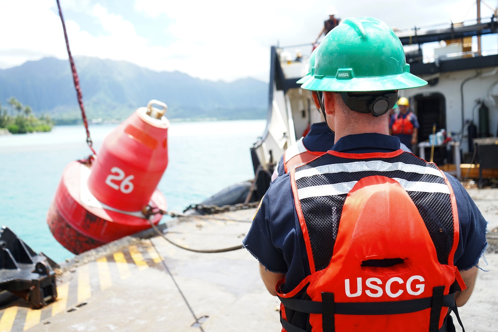 The Coast Guard Cutter Juniper crew visited Kaneohe Bay on the east side of the Island of Oahu, as part of a multi-day operation to service and maintain aids to navigation, last week.
Juniper’s trip to Kaneohe Bay focused on repairing day boards, or stationary aids to navigation that mark channels and safe water, utilizing the cutter’s two small boats to service seven fixed aids to navigation in two days.