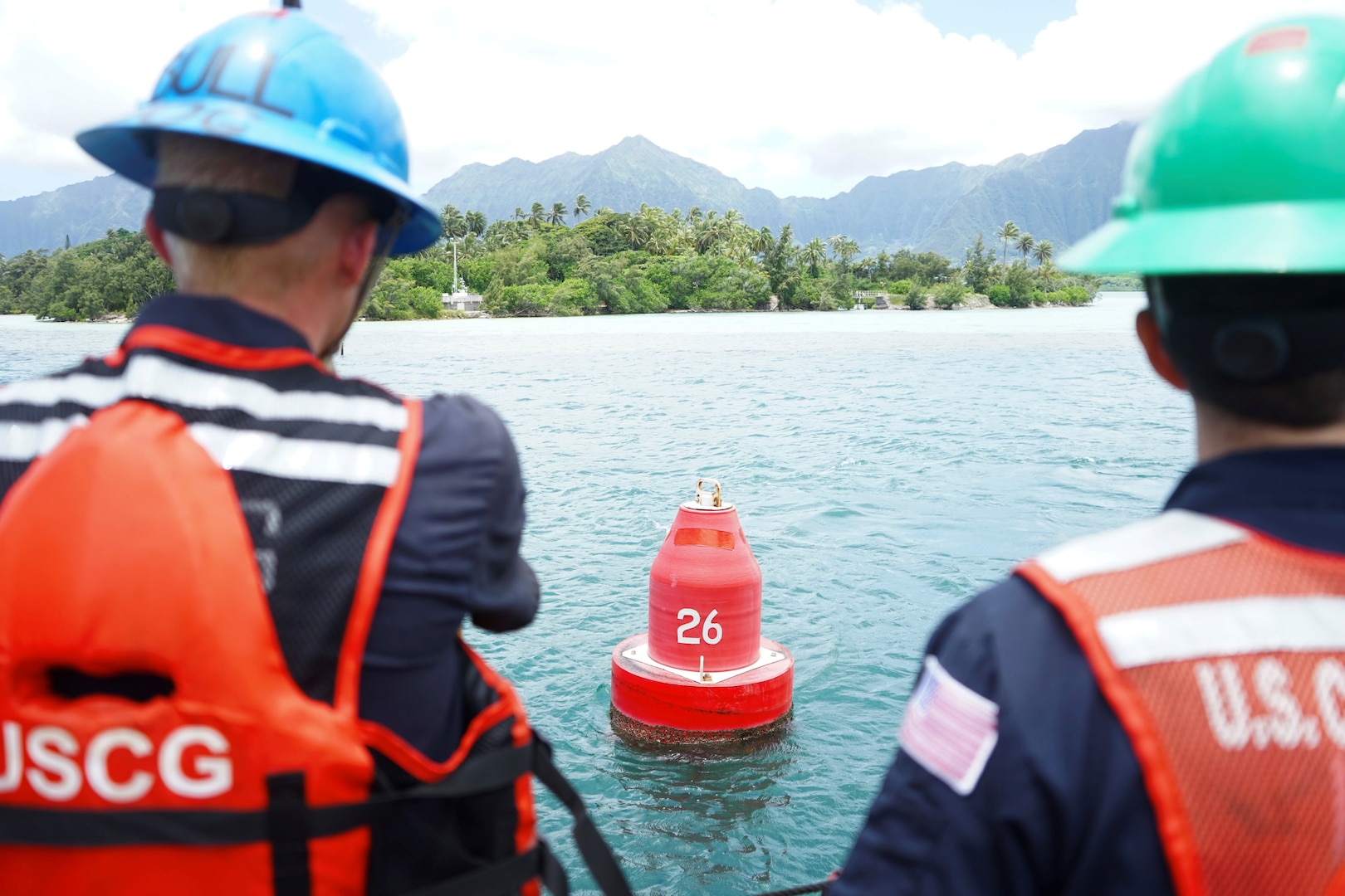 The Coast Guard Cutter Juniper crew visited Kaneohe Bay on the east side of the Island of Oahu, as part of a multi-day operation to service and maintain aids to navigation, last week.
Juniper’s trip to Kaneohe Bay focused on repairing day boards, or stationary aids to navigation that mark channels and safe water, utilizing the cutter’s two small boats to service seven fixed aids to navigation in two days.
