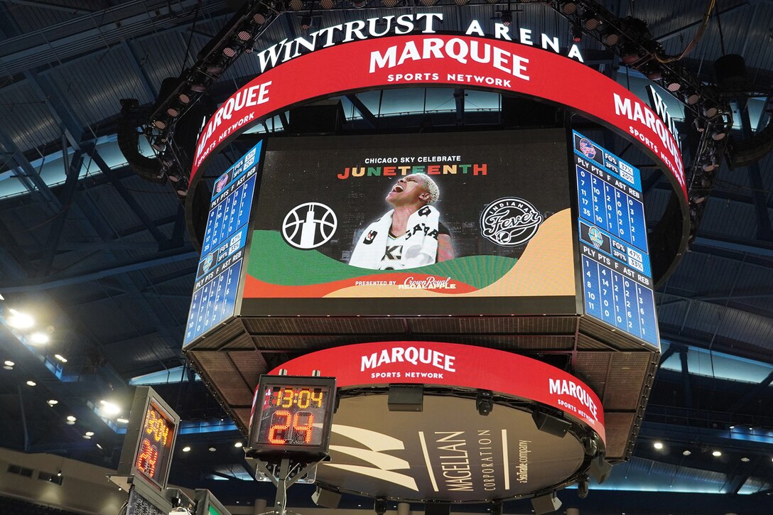 Chicago Sky, Women's National Basketball Association’s jumbotron highlights Juneteenth during their home game, June 15, 2023.