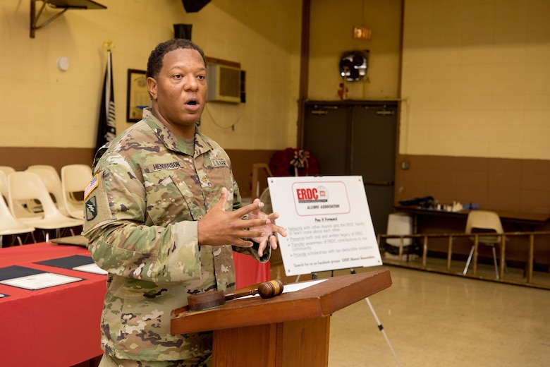 U.S. Army Engineer Research and Development Center (ERDC) Deputy Commander for Support Maj. Joseph Henderson spoke to the organization’s influence within the region during the presentation of this year’s ERDC Alumni Association scholarships, June 16, 2023. (U.S. Army Corps of Engineers photo by Jared Eastman)