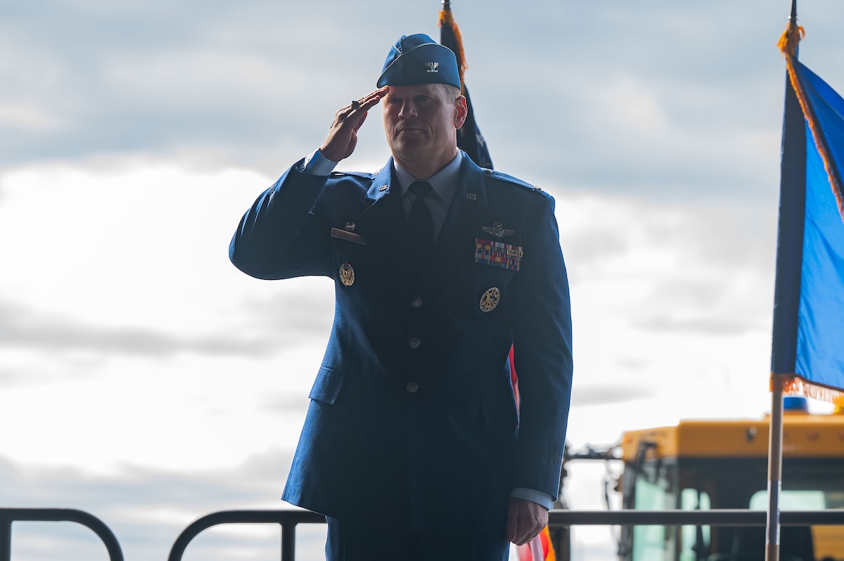 U.S. Air Force Col. Paul Townsend, 354th Fighter Wing commander, renders his first salute during the wing’s change of command ceremony at Eielson Air Force Base, Alaska, June 22, 2023. Townsend, a U.S. Air Force Academy graduate, most recently served as the Vice Commander of the 48th Fighter Wing at Royal Air Force Lakenheath, England. (U.S. Air Force photo by Airman 1st Class Ricardo Sandoval)